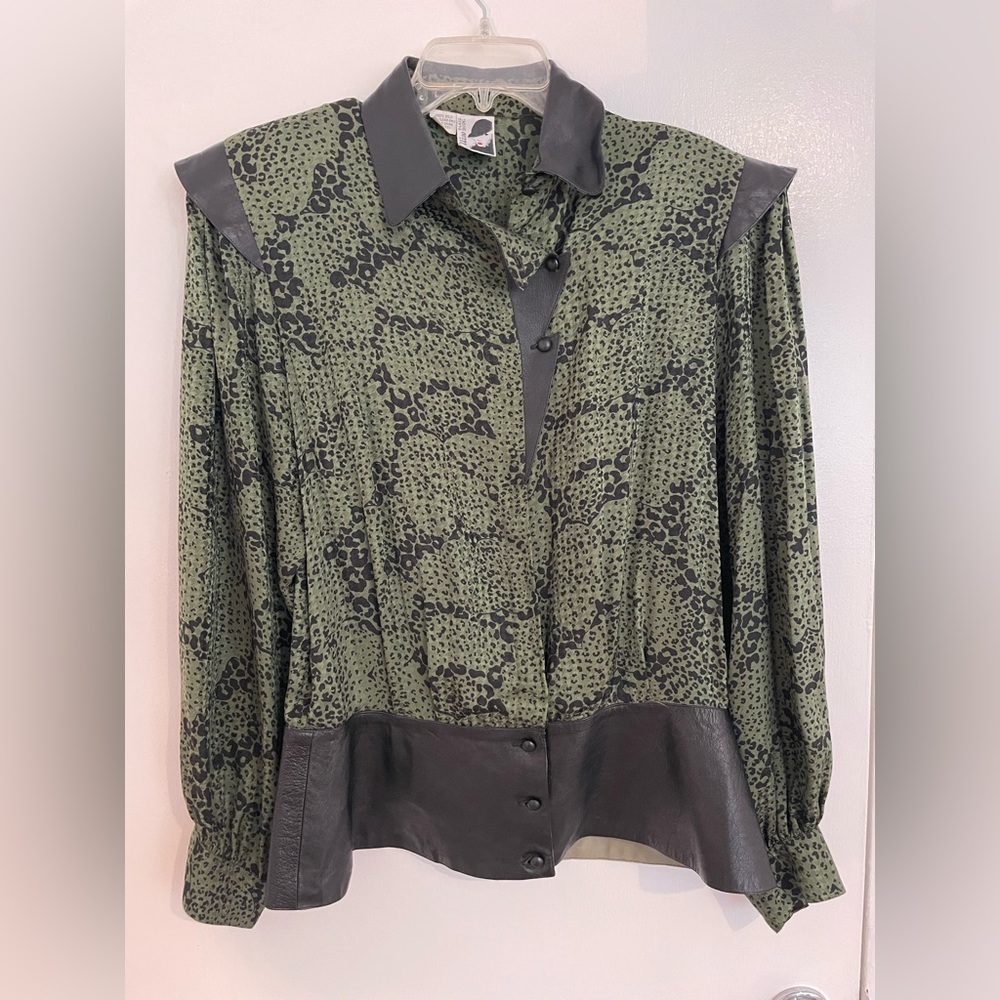 Vintage silk blouse, peplum faux leather detail